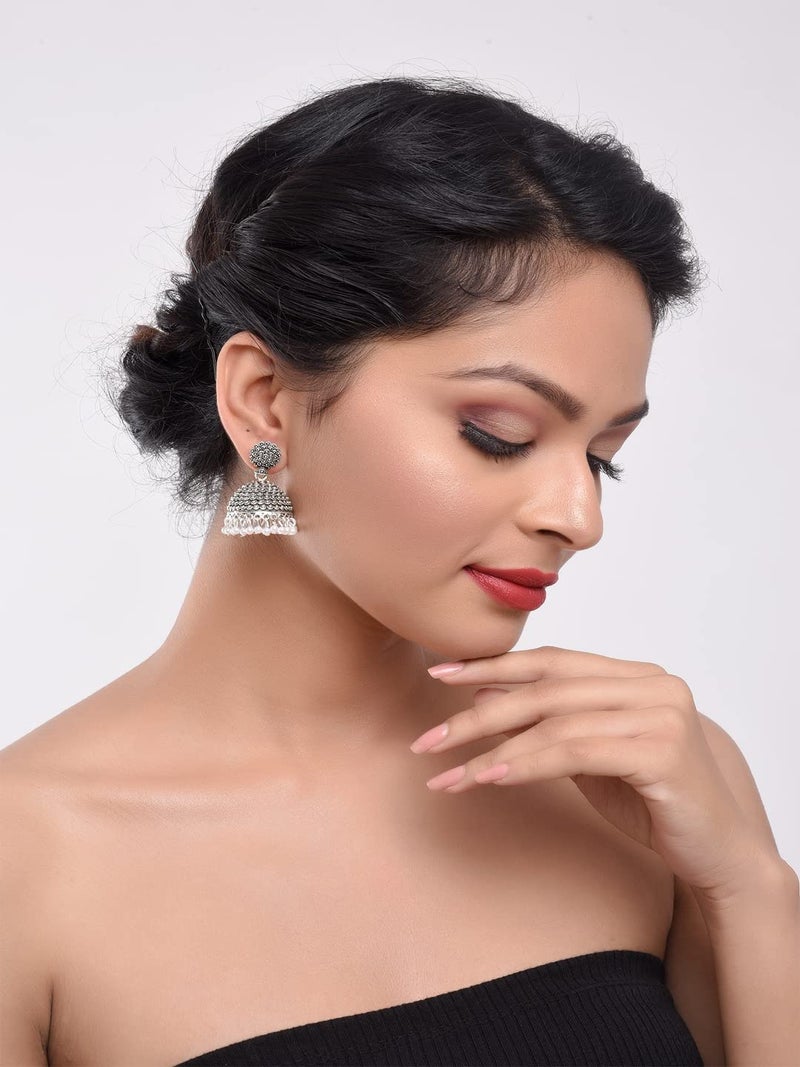 Efulgenz Silver Tone Jhumka Earrings for Women Oxidized Indian Earrings Boho Oxidized Traditional Temple Jhumki Earrings for Women Indian Oxidized Jewelry - Image 4
